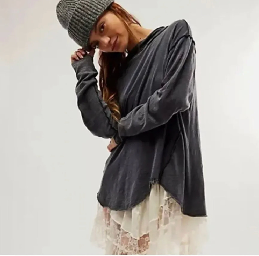 NEW Free People We the Free Regan Long Sleeve Tee Shirt L Washed Black